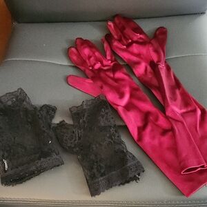 Long Satin Opera Gloves and Lace Fingerless Gloves Set - Burgundy and Black